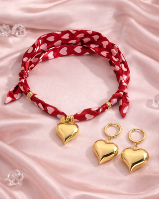 Pre - order Valentine's Gold Heart Pendant with Red Silk Scarf Necklace with Earrings-W TAT 12-14 Days
