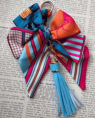 Bright Stripy Satin Bow Keychain with Blue Tassel Charm-W