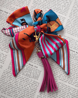 Colorful Stripes Satin Bow Keychain with Tassel Charm-W