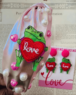 Rhinestone Embedded Froggy with Red Heart Headband & Earring Set-W