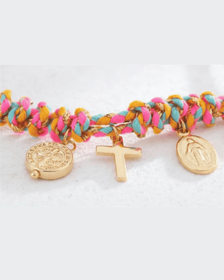 Faith Spring Gold Cross Charm Braded Bright Pastel Bracelet-W