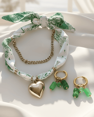 Green Scarf Chain Heart Necklace & Earring Set-W