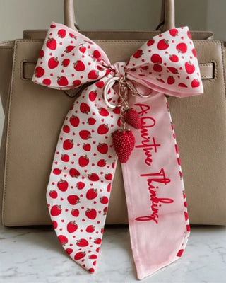 Strawberry Pink Striped Tote & Ribbon Bag Charm Set-W