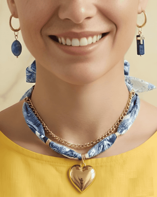 Blue Scarf Chain Heart Necklace With Earring Set-W
