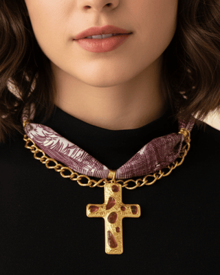 Faith Scarf Chain & Gold Enamle Cross Necklace Wine-W