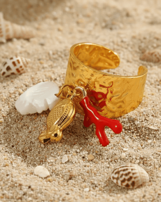 Spring Coral Charm Gold Adjustable Cuff Ring-W
