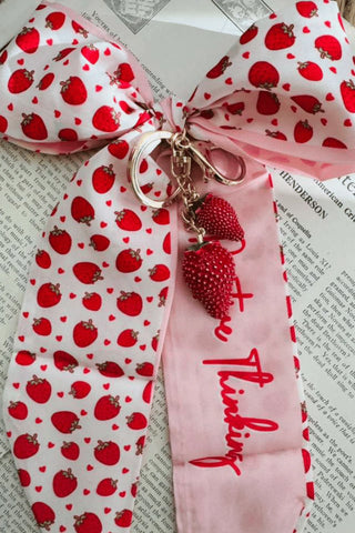 Strawberry Pink Striped Tote & Ribbon Bag Charm Set-W