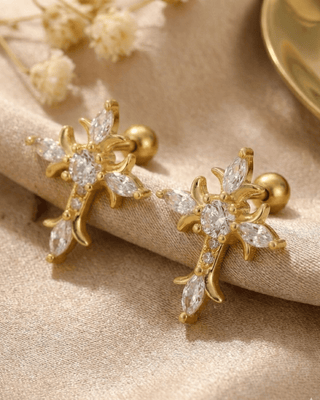 Faith Zirconia Cross Flat Back Gold Earrings-W