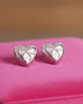 Valentine's Day Metallic Heart Bow Studs-W