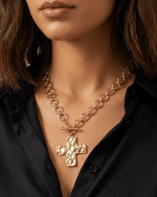 Golden Hammered Cross Chunky Chain Necklace-W