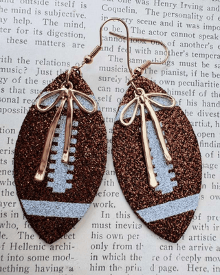 Glitter Football Earrings With Gold Bow Charm-W