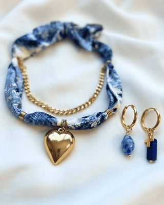 Spring Scarf Chain Heart Necklace & Earring Set Blue-W