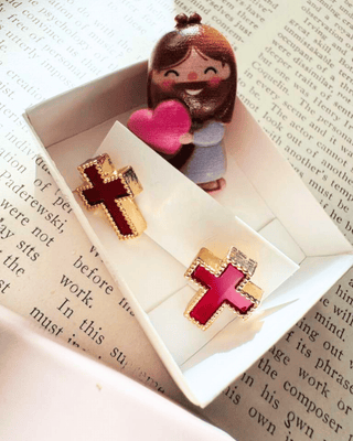 Red & Pink Cross Studs With Jesus-W