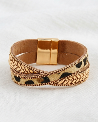 Leopard Print Golden Cross Leather Bracelet-W