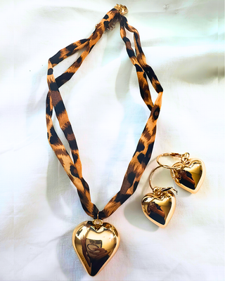 Leopard Print Double Layer Chunky Heart Gold Necklace & Earring Set-W