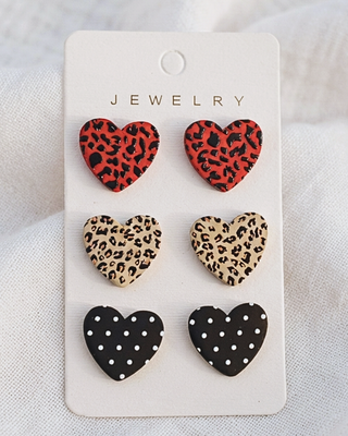 Animal Print Hearts Stud Set of 3-W