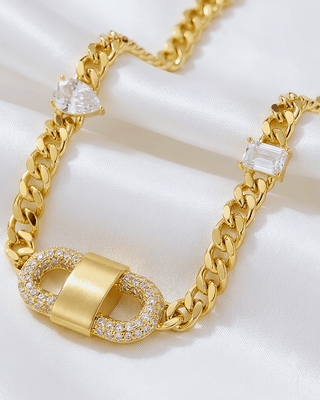 Zircon Buckle Closure Gold Cuban Link Necklace-W