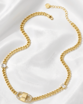 Zircon Buckle Closure Gold Cuban Link Necklace-W