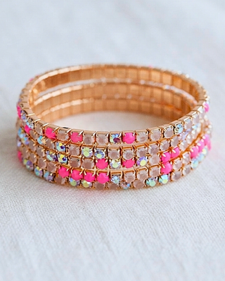 Floral Rhinestone Beaded Breast Cancer Awareness Bracelet-W