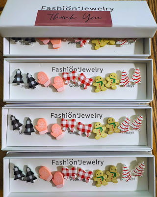 Pink Check Bow Christmas Tree Stud Earring Set-W