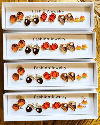 Fall Turkey Pumpkin Box Stud Earring Set-W