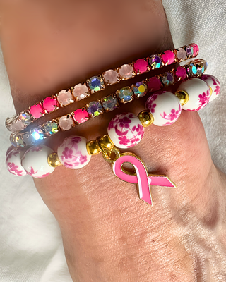 Floral Rhinestone Beaded Breast Cancer Awareness Bracelet-W