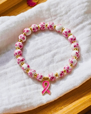 Floral Rhinestone Beaded Breast Cancer Awareness Bracelet-W