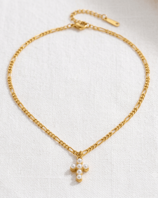 Faith Pearl Cross Figaro Chain 18K Gold Necklace-W