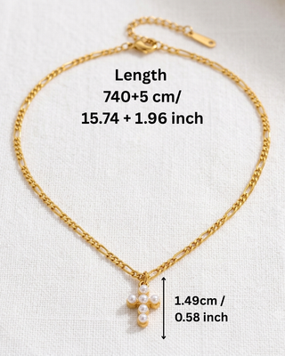 Faith Pearl Cross Figaro Chain 18K Gold Necklace-W
