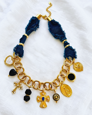 Faith Statement Charm Denim Wrapped Necklace-W