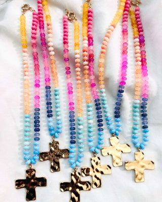 Pre-Order Faith Cross Colorful Glass Beaded Necklace-W