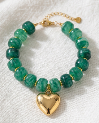 Chunky Acrylic Beaded Heart Charm Bracelet Jade-W