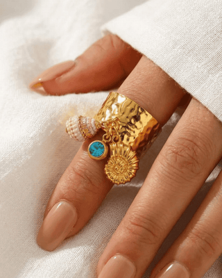 Summer Seashell Charm Gold Adjustable Cuff Ring-W