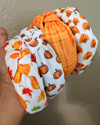 Pre-Order Fall Turkey Pumpkin Plaid Knotted Headbands Set of 4-W