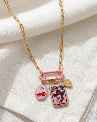Wanted Cowgirl Charms Paperclip Necklace Pink-W
