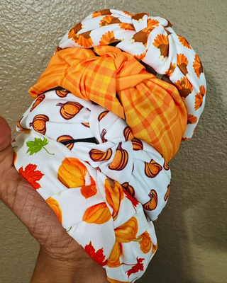 Pre-Order Fall Turkey Pumpkin Plaid Knotted Headbands Set of 4-W