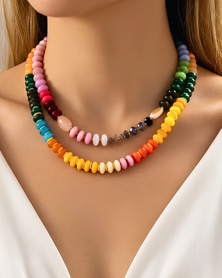Multicolor Double Layered Beaded Summer Necklace-W