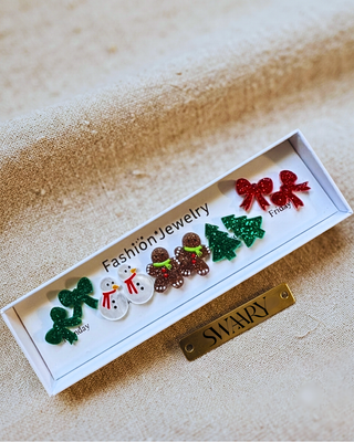 Sparkly Gingerbread & Christmas Bow Box Stud Earring Set-W