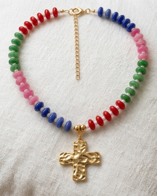 Faith Chunky Cross Colorful Acrylic Bead Necklace(Red & Green)-W