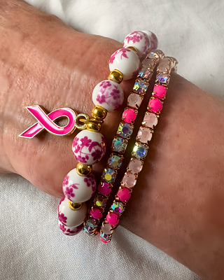 Floral Rhinestone Beaded Breast Cancer Awareness Bracelet-W