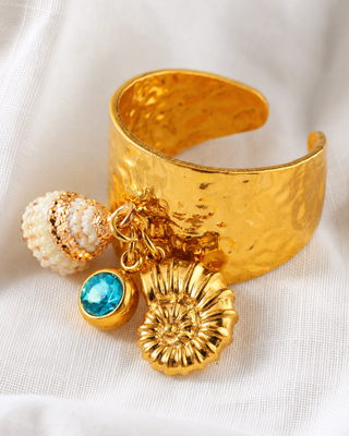 Summer Seashell Charm Gold Adjustable Cuff Ring-W