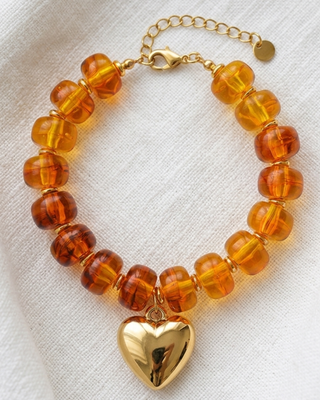 Chunky Acrylic Beaded Heart Charm Bracelet Amber-W