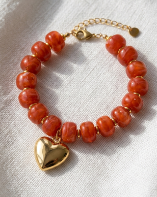 Chunky Acrylic Beaded Heart Charm Bracelet Orange-W