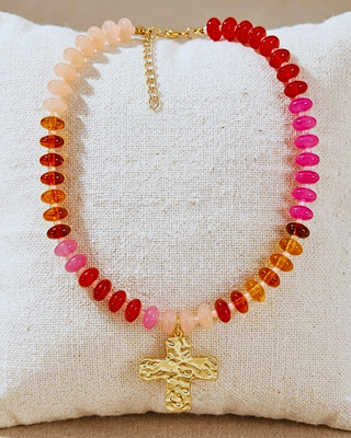 Faith Chunky Cross Colorful Stone Bead Necklace(Beige Amber)-W