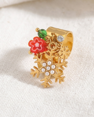 Snowflake Christmas Charm Gold Adjustable Cuff Ring-W