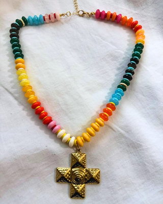 Faith Chunky Cross Colorful Bead Necklace(Yellow & Red)-W
