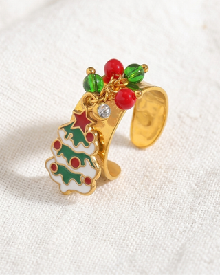 Christmas Tree Charm Gold Adjustable Cuff Ring-W