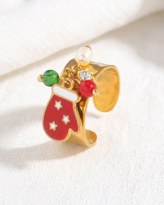 Santa Glove Christmas Charm Gold Adjustable Cuff Ring-W