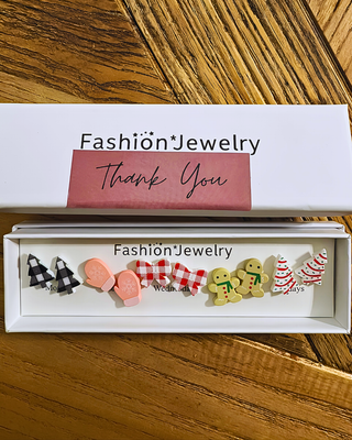 Pink Check Bow Christmas Tree Stud Earring Set-W