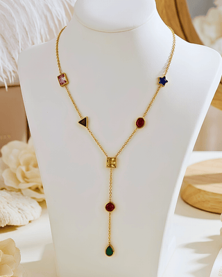 Pink Zircon Choker & Colorful Geometric Zircon Lariat Necklaces-W